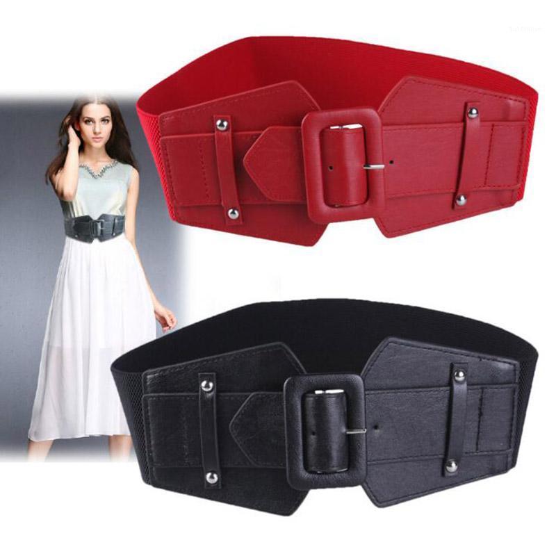 

Vintage simple wide female belt trend Commuter Solid pu elastic belt Square Buckle Slim Dress Decorative HIgh Quality1, Black