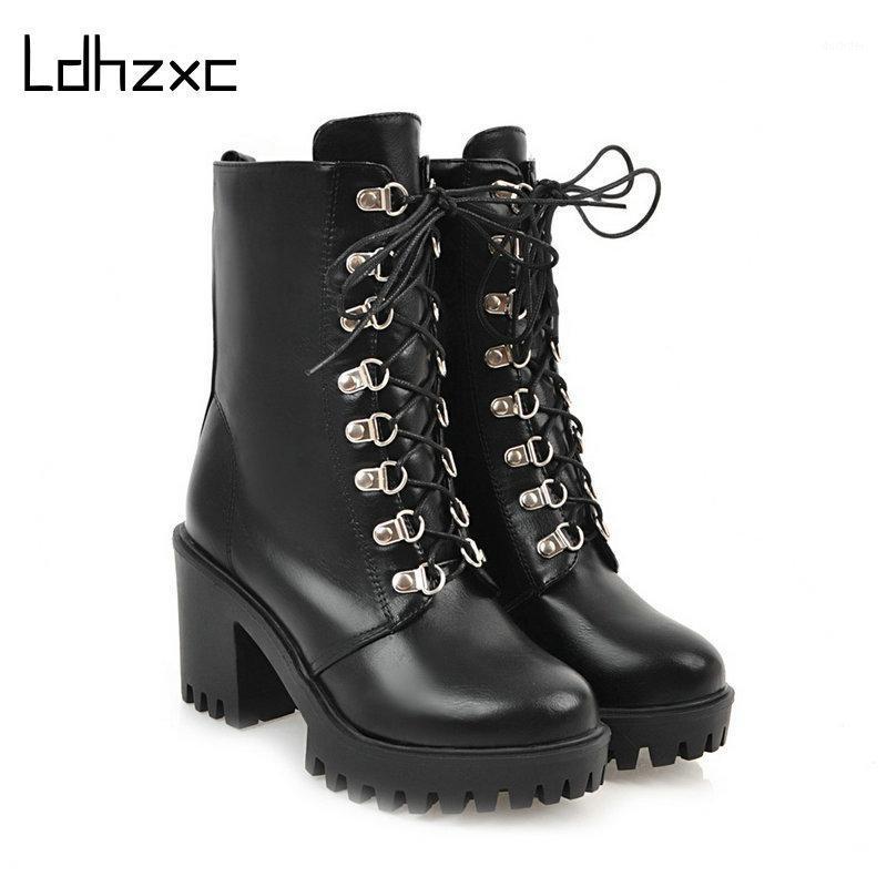 

LDHZXC Pu Leather Boots Women Shoes Thick Sole Lace Up Autumn Winter Short Ankle Boots for Women Motorcycle1, Black