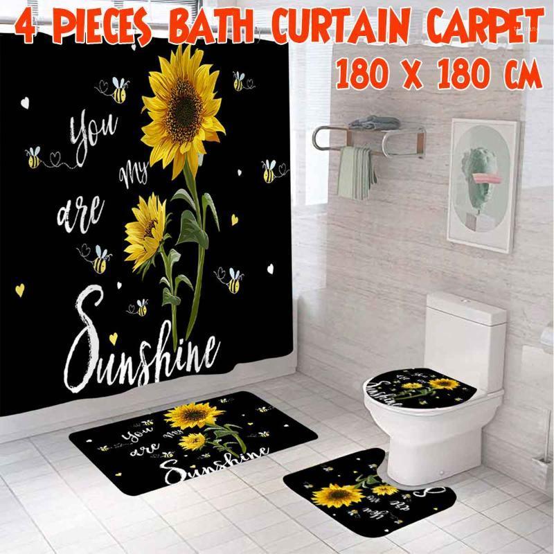 

NEW Stylish Sunflower Printing Shower Curtain and Rug Set Sunflower Bathroom Curtains Bath Mat Carpet for Toilet Decor1