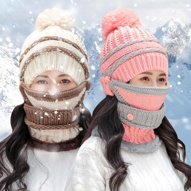 

Women Knitted Winter Hat Female Warm Fur Beanie Girls Solid Beanie Women Soft Beanies Hats Wool Beanies, White