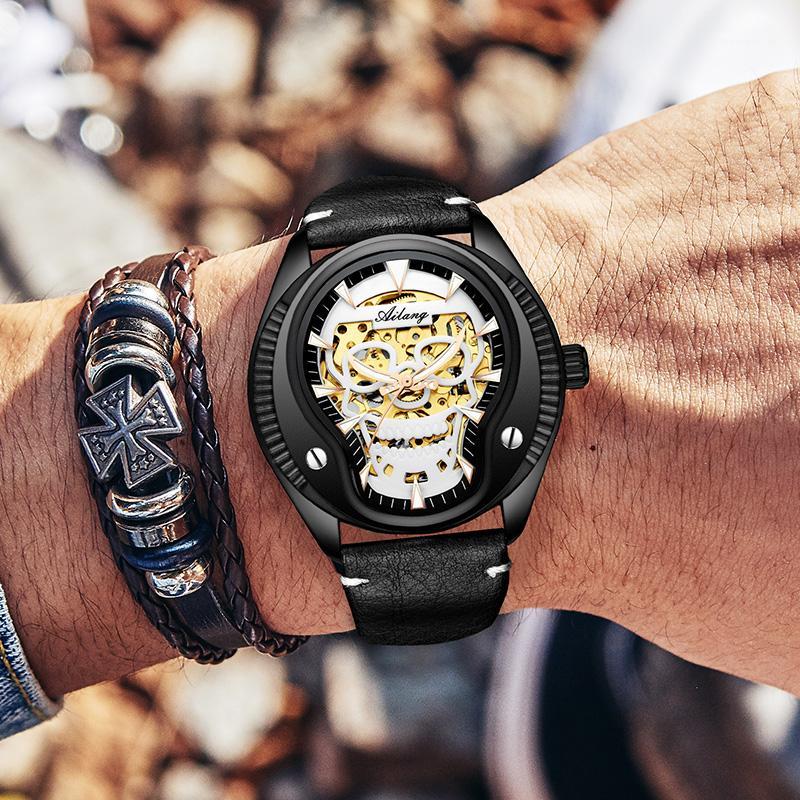 

Gold-plated skull luminous hand watch men mechanism automatic wrist watch auto light hollow skeleton leather man 20201, Silver