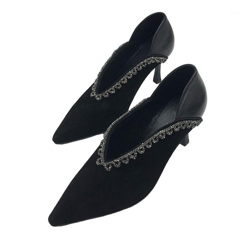 

European women's shoes 2020 early spring new leather pointed toe fine heel sexy rhinestone V single shoes high heels1, Black