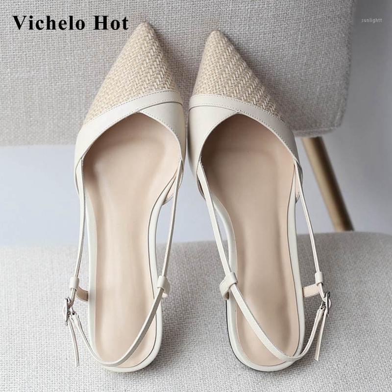 

Vichelo Hot cow leather pointed toe med heel summer brand shoes handmade breathable young lady elegant fashion sandals women L231, Beige