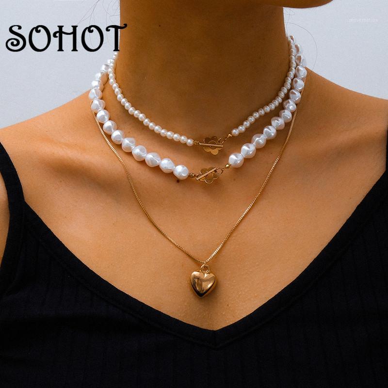 

SOHOT New Multilayer Imitation Pearl Cute Heart Pendant Women Choker Necklace Chic Trendy Romantic Hollow Flower For Female Gift1