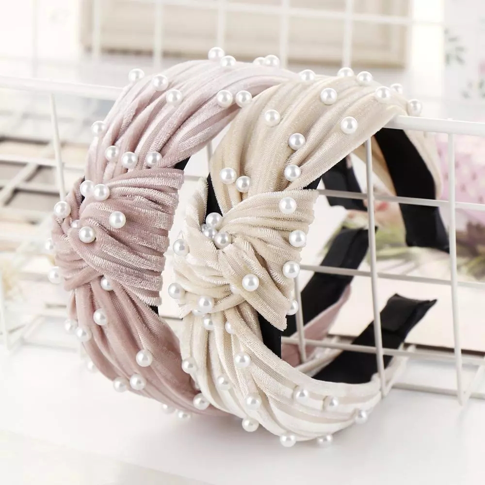 

Korean hair accessories creative new pearl headband pure color flannel beaded wide side knotted wild lady headband headwear