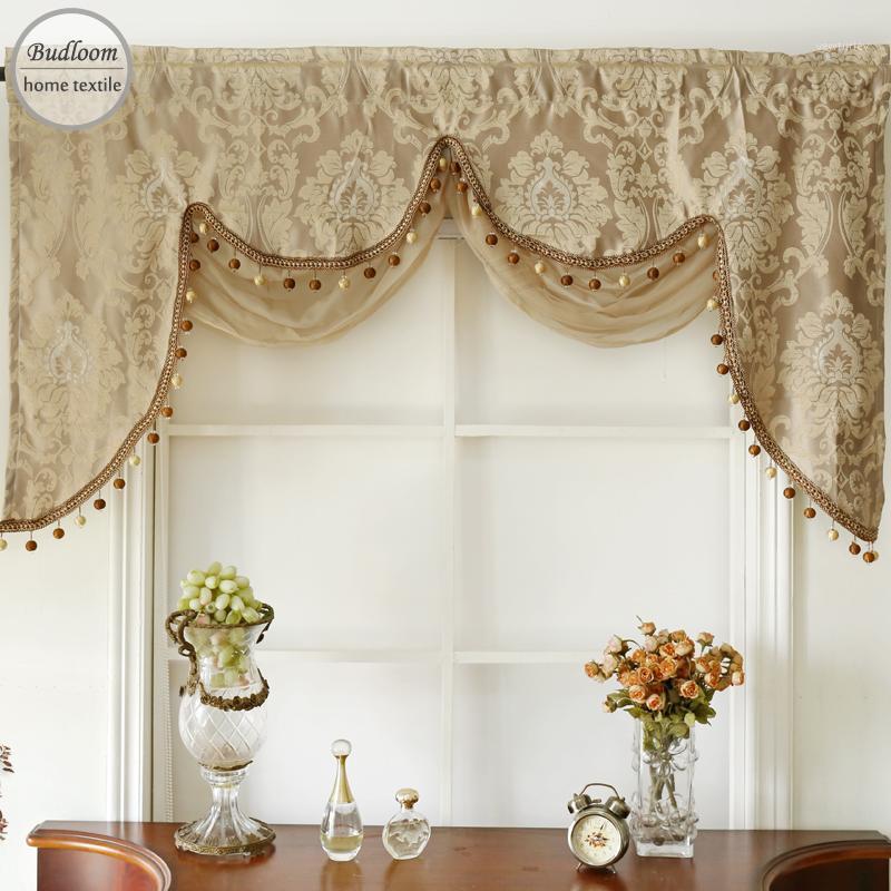 

Budloom luxury golden European style jacquard fringed window valance with attached sheer swag valance curtains for living room1