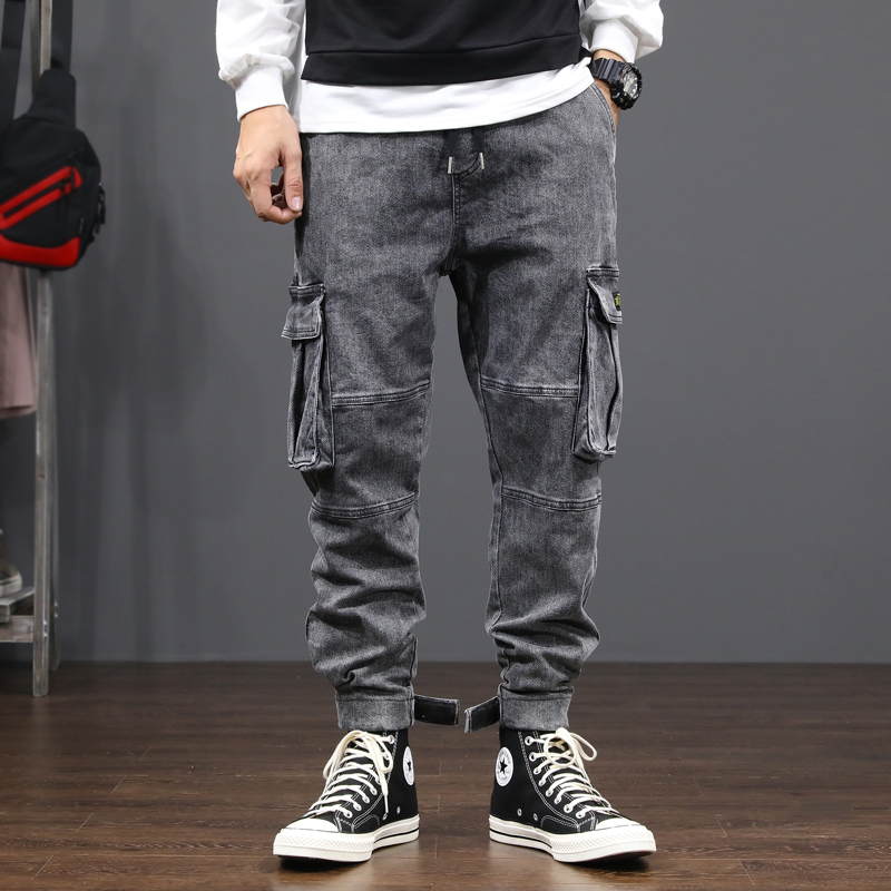 

2021 New Fashion Streetwear Men's Brem Large Gray Pocket Fit Denim Cargo Pants High Quality Vintage Hip Designer Jeans Rwfy