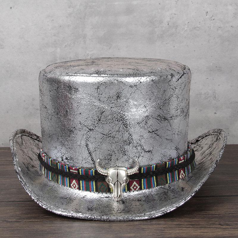 

2021 3size Women Men Leather Top Hat Falt Fedora Hat Magic Shower Cosplay Pork Pie Party Cap 13cm, Gold