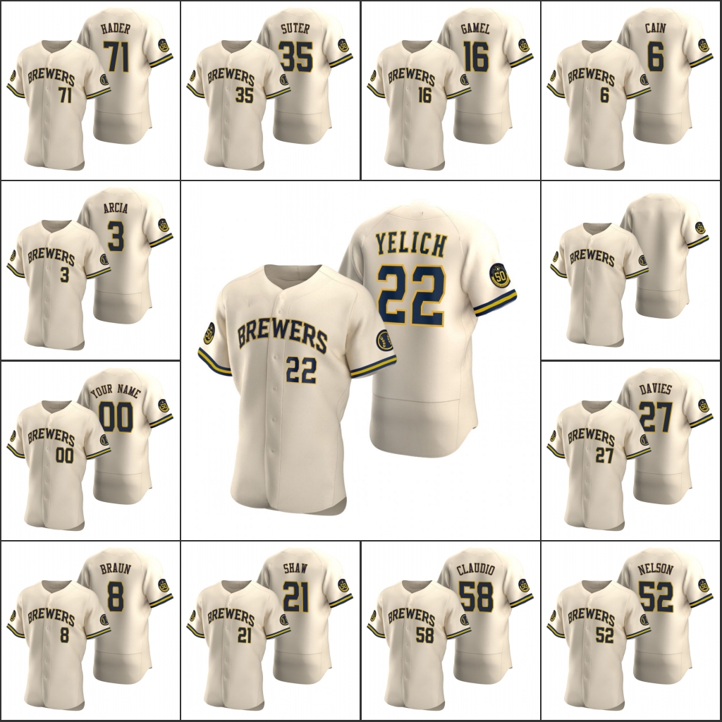 

Milwaukee Brewers #8 Ryan Braun 52 Jimmy Nelson 22 Christian Yelich Men Women Youth Custom Cream Authentic 2020 Alternate Jersey, Black