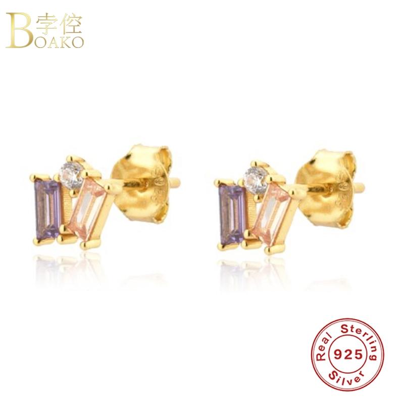 

BOAKO 925 Sterling Silver Earrings For Women Jewelry Rainbow CZ Piercing Stud Earring Bijoux Pendientes Aretes Korean Earrings