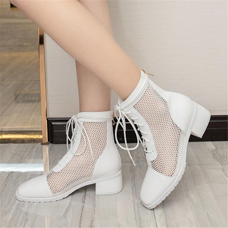 

PXELENA Celebrity Rome Air Mesh Breathable Ankle Boots Female Lace Up Patchwork Block Med Heel Gladiator Sandals Women Plus Size1, Black