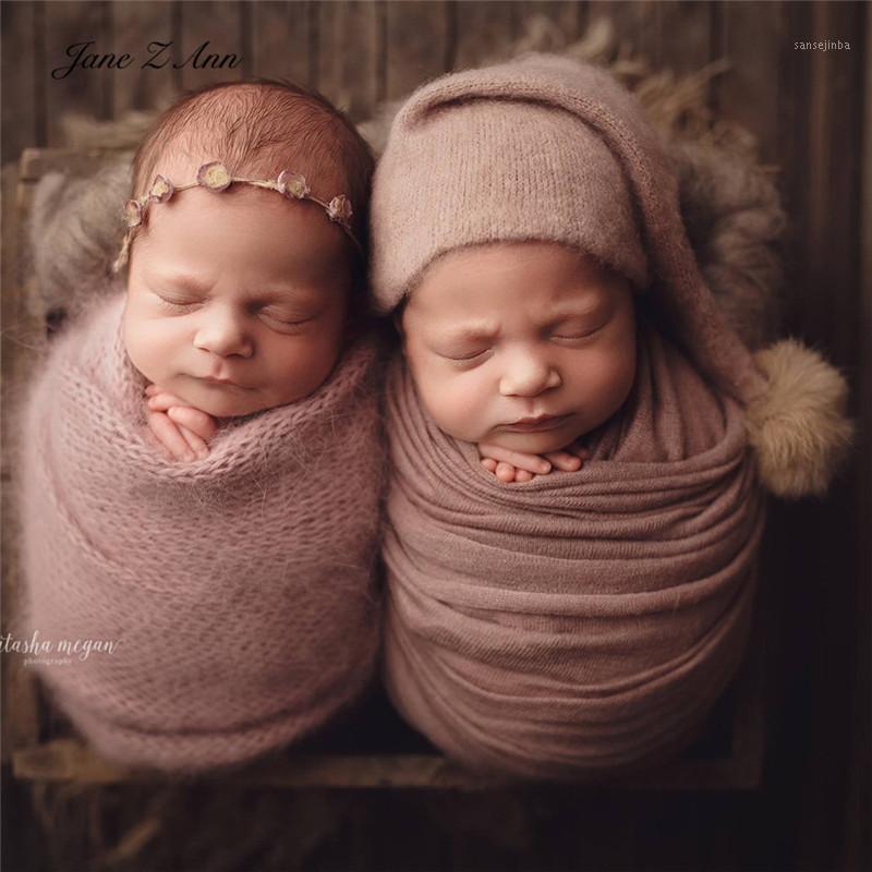 

Jane Z Ann Newborn Photography Clothing Baby Photo wrap+ Long Tail Knitted big ball Cap solid multi-colors new arrival1, White