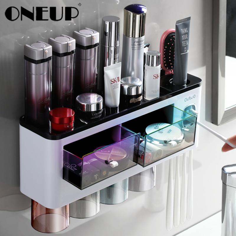 

ONEUP 2020New Bathroom Accessories Toothbrush Holder With Cups Automatic Toothpaste Squeezer For Bathroom Organizer Storage Rack