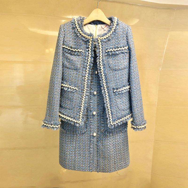 

Vintage Tweed Two Piece Sets Outfits Women Jacket Coat + Sleeveless Mini Dress Suits Elegant Ladies Autumn Winter 2 Pcs Set 2021, Only blue dress