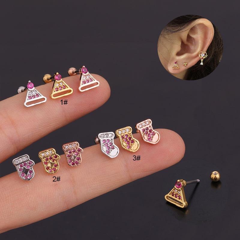

1pcs Piercing Christmas Stud Earrings for Women 2020 Trend Jewelry Hat Glove Sock Color Zircon Earrings Christmas Gift