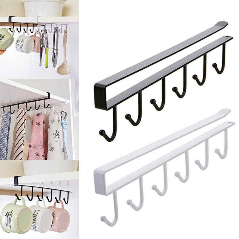 

Practical 6 Hooks Cup Holder Hang Cabinet Under Shelf Organiser Hook Kitchen Cupboard Storage Rack Hanging Hooks