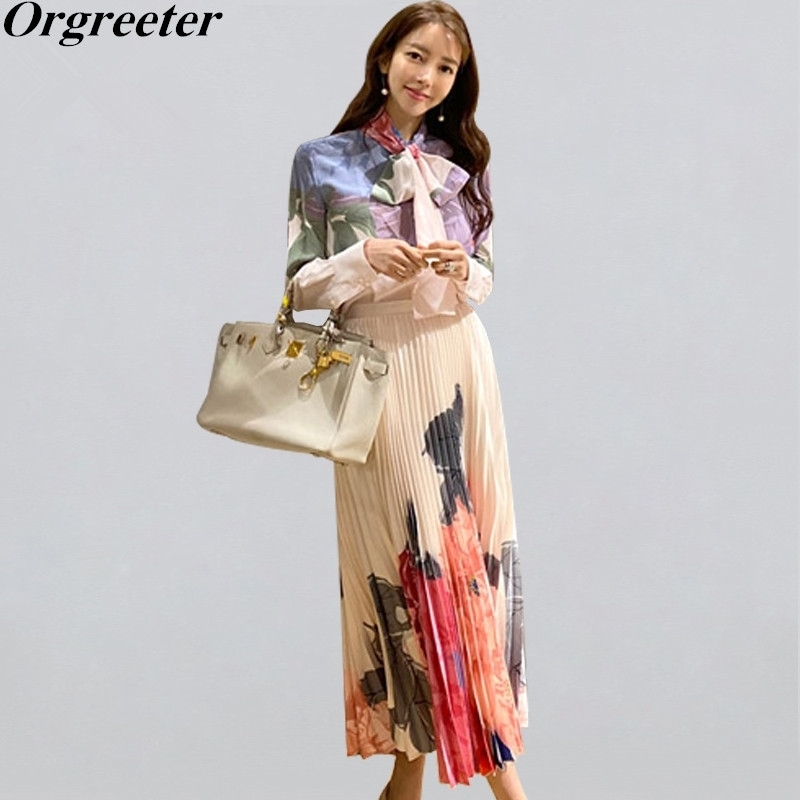 

Spring Fall Korean high-end bow tie lace Printed Shirt and High waist Pleated Long Skirt Two-piece set Women OL Casual Suit 201130, Piture color