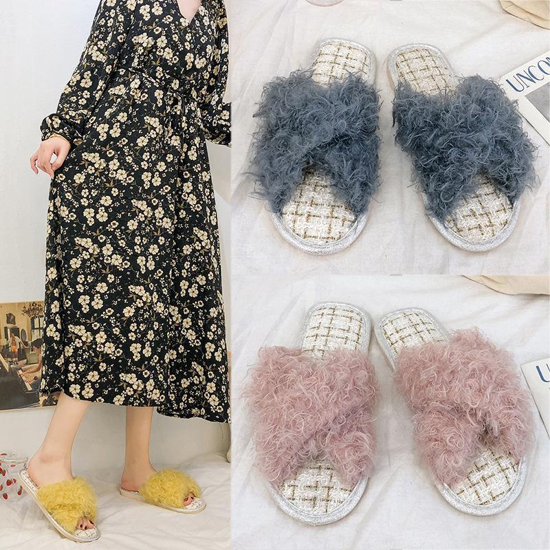 

Plush Slipper Women's Autumn and Winter Curly Hair Cross Wood Floor Anti-slip A- line Cotton Slippers Slipper Warm Household Lar1, Pink