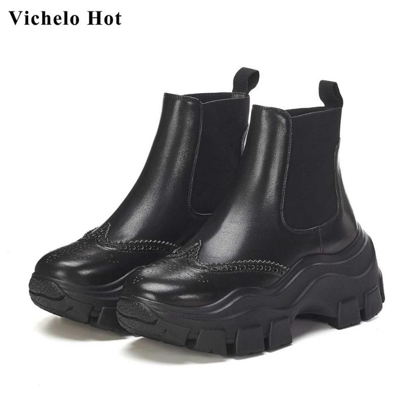 

Vichelo Hot genuine leather brogue carving boots round toe thick bottom platform black colors winter warm women ankle boots L2f2