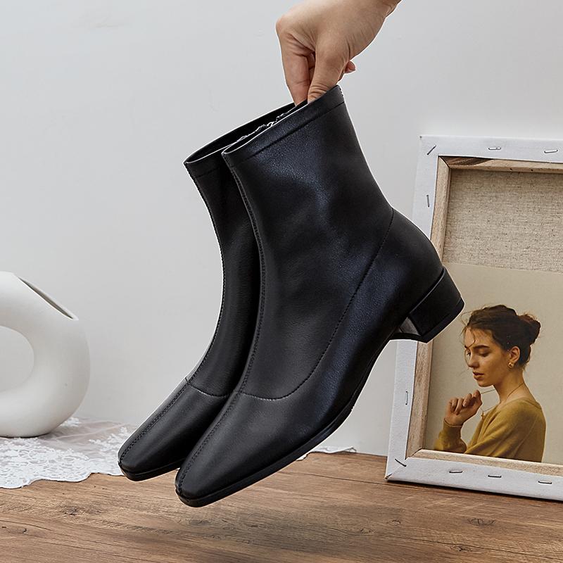 

Women's genuine leather flats ankle boots side zip autumn warm plush short booties high quality black female boots shoes women, Beige