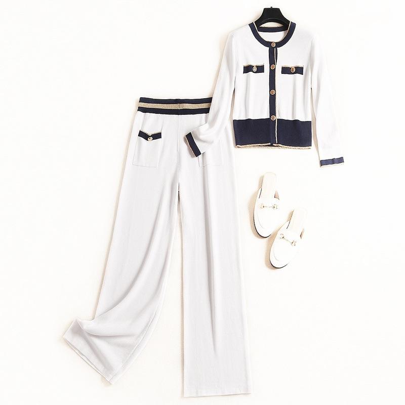 

High-quality Knitted Suit Female Autumn 2020 Colour-impact Single-row Button Cardigan Matching Straight Pants 2 Piece Set Women, White
