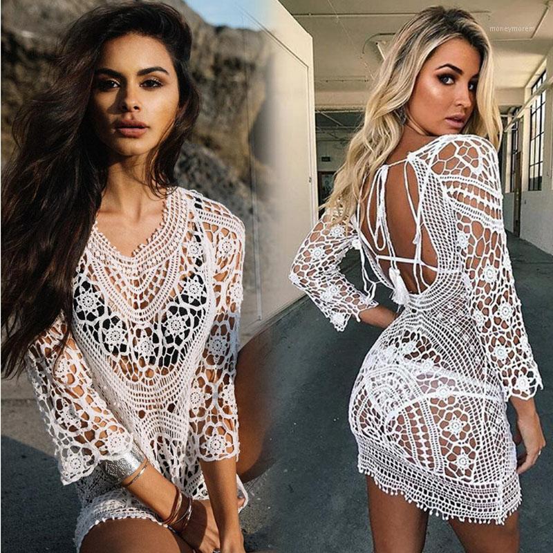 

Summer New Sexy Fashion Women Lace Crochet Beach Bikini Cover Ups Long Swimwear Dress Bathing Suit1, White