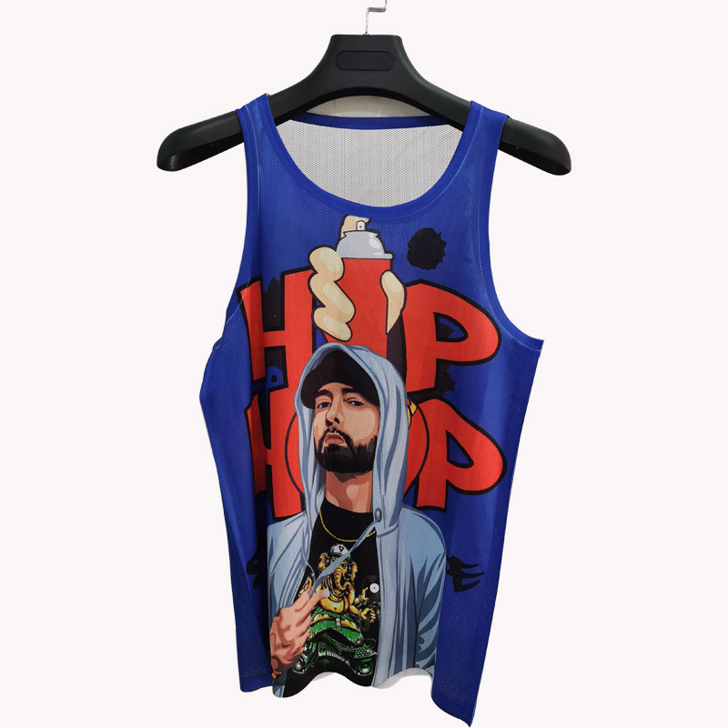 

Sports suit blue bluet Loose mesh fabric breathable popular logo hip hop portrait digital print sport vest