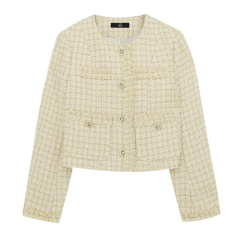 

Spring Autumn 2021 Designer England Casual Sweet Ladies Tweed Jacket Woman Short Coat Top Outerwear, Apricot