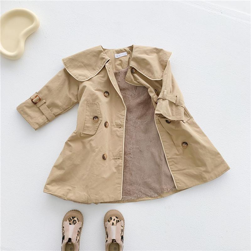 

DFXD England Style Winter Toddler Kids Girl Long Fleece Khaki Windbreaker Jacket New Inside Faux Fur Double Breasted Trench Coat1