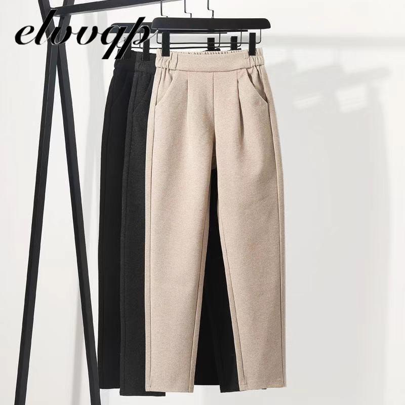 

2020 New Winter Woolen Pants women High Elastic Waist Harem Elegant Trousers Female Autumn Warm Thick Ankle-Length Pants, Black