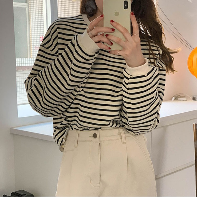 

2021 New 2 colour autumn Korean style women velvet shirts thick hot stripe women's pullovers sweaters (x1657) V8E1, Black