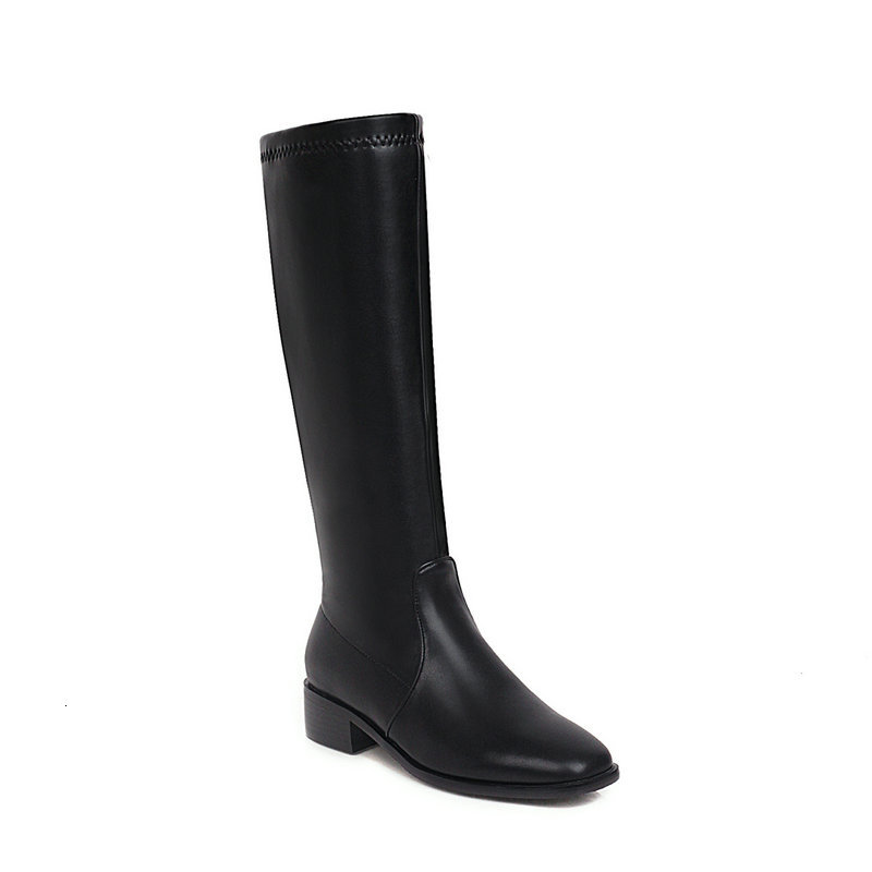 

2021 New Autumn Winter Round Toe Side Women Shoes Pu Leather Square Heel All Match Knee High Boots Big Size 34-43 Q250, Black
