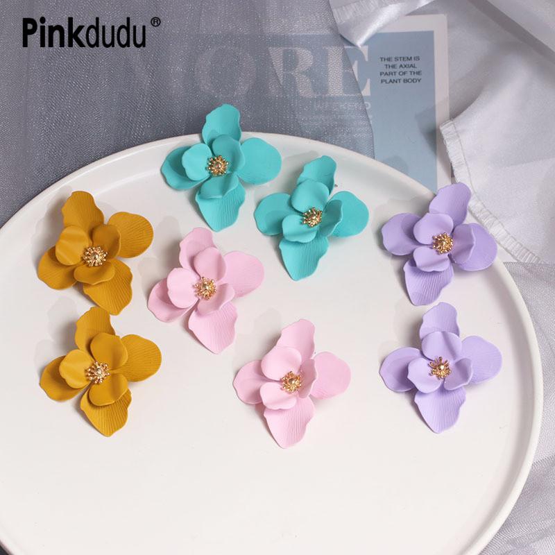 

Pinkdudu Sweet Cute Korean Large Metal Drop Earrings Fashion Purple Blue Flower Petal Dangle Earrings for Women Jewelry PD212