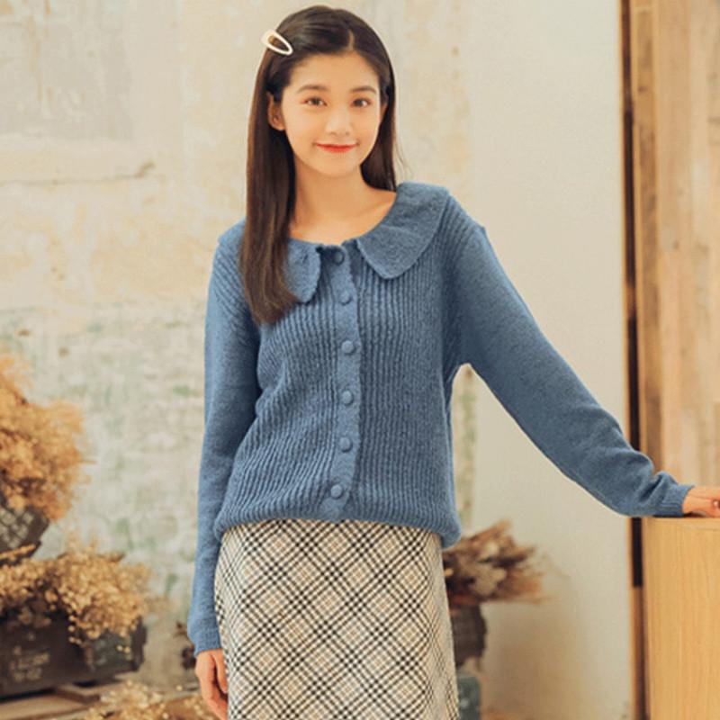 

Fall Winter Turn-over Collar Slim Student Sweaters Korean Sweet Chic Women Cardigans Long Sleeve Solid Color Tops Wear H9401, Blue