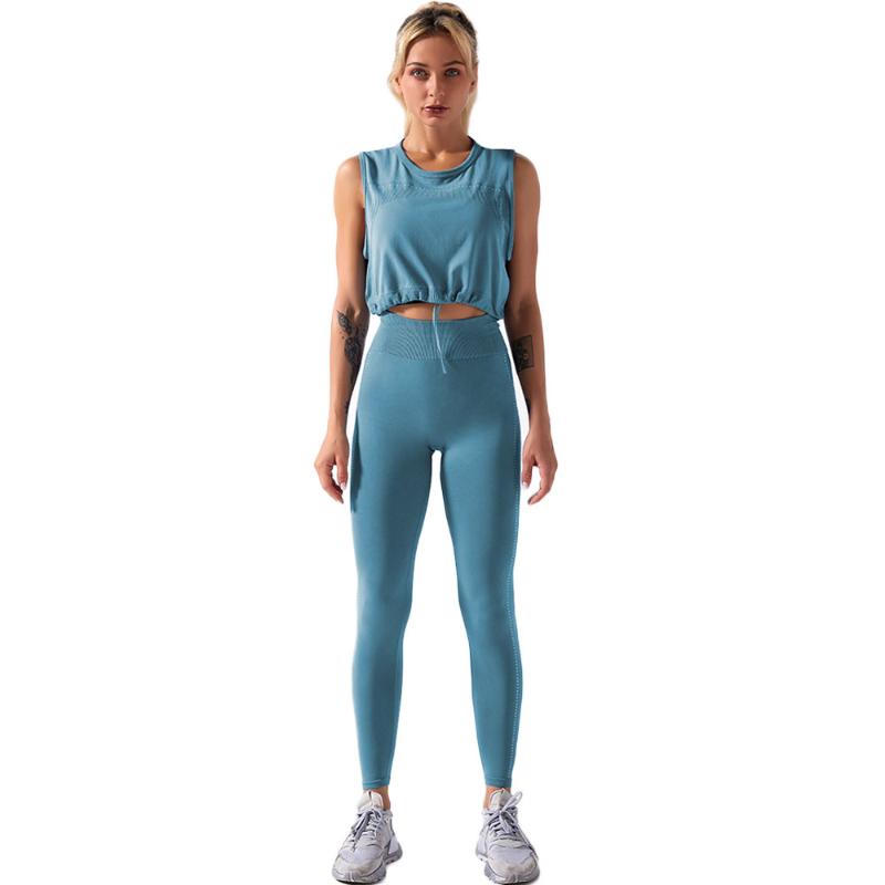 

New Fitness Sports Suit for Women Seamless Yoga Set Drawstring Sleeveless Top Leggings 2 Piece Set Solid Gym Clothing Sportswear, Light grey set