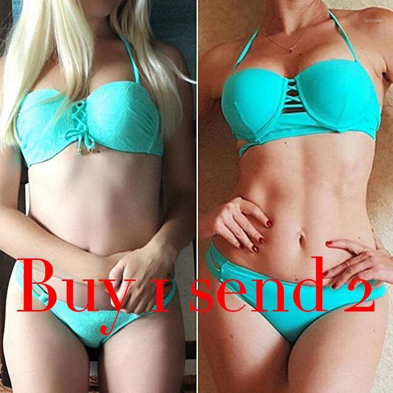 

PERONA Sexy Bikini Set Women Push Up Swimwear Brazilian Halter Swimsuit Bandage Striped Beachwear Two Piece Bathing Suits 20201, Red