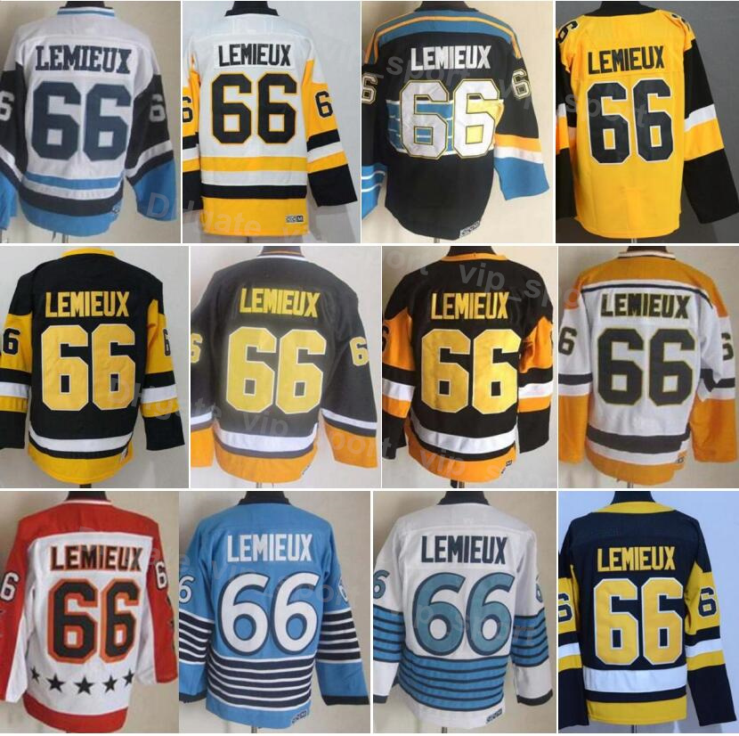 

Men Retro Ice Hockey 66 Lemieux Vintage Jerseys Embroidery And Sewing Black White Blue Yellow Red Away Home Breathable For Sport Fans Pure Cotton High Quality QiE