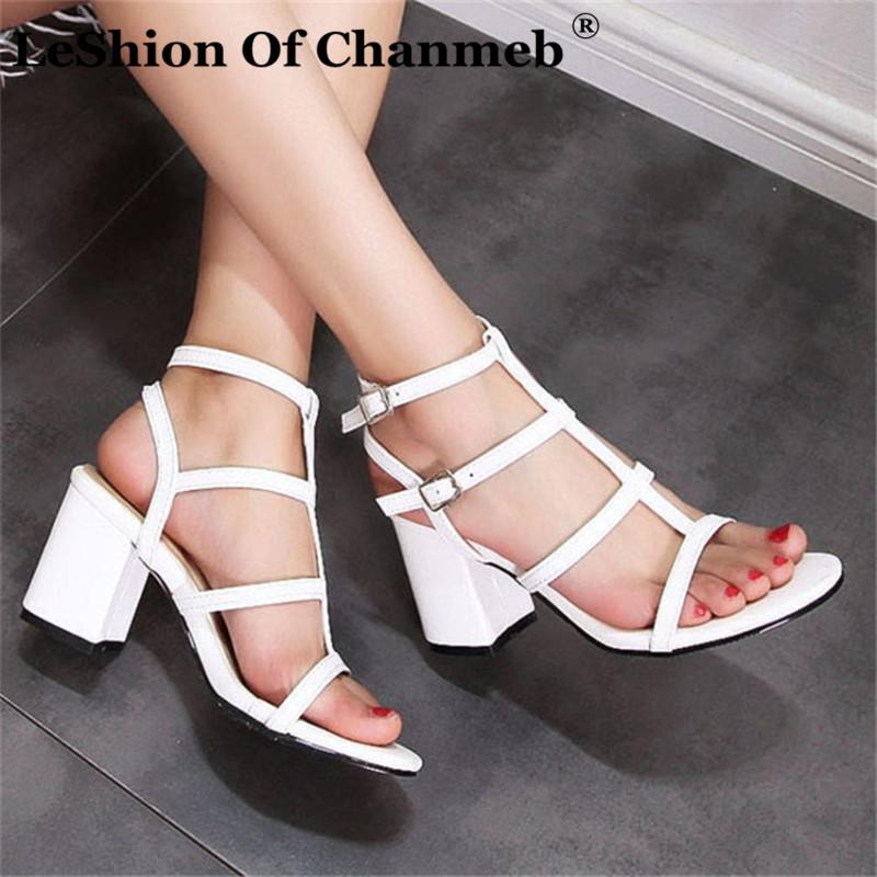 

LeShion Of Chanmeb Block Chunky Heels PU Leather Gladiator Sandals Women Narrow Bandage White Buckled Strap Summer Shoes Size 46, White sandals