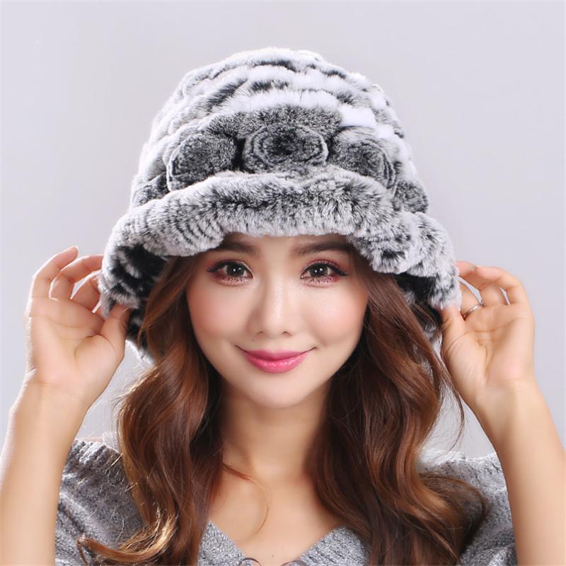 

Real Rex Fur Hats for Women Winter Warm Thicken Caps Beanies with Flower Rose, Black