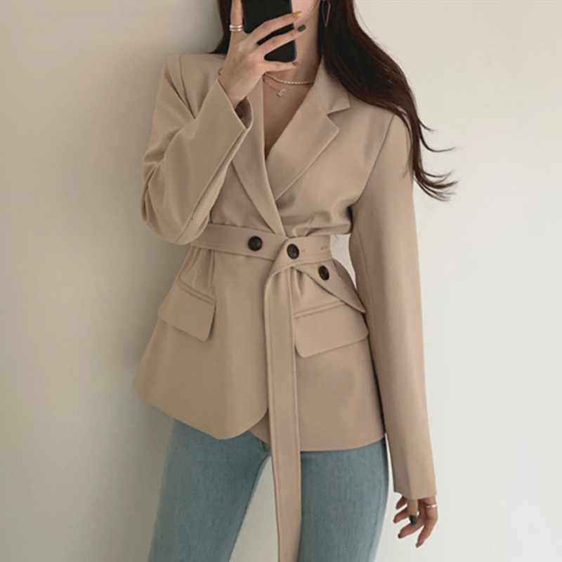 

2021 New Female Autumn Blazers Buttons Pockets Vintage Scarlet Jackets Lace Up Wild Lady Tops Jk1301 RJQ7, Beige