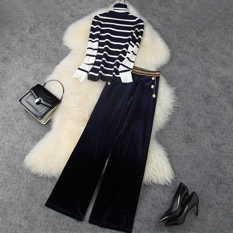 

2020 Fall Autumn Long Sleeve Stand Collar Striped Knitted Knits Tees Sweater Top + Panelled Buttons Pants Two Piece 2 Pieces Set LO0811375, White