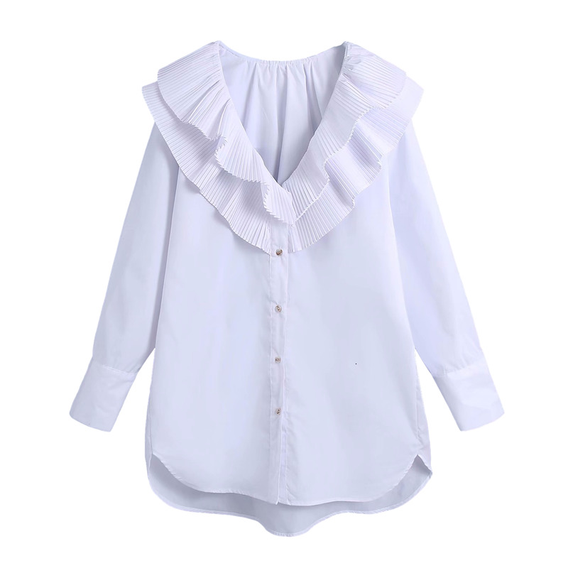

New Elegant Women Pleated Ruffles Shirts 2021 Fashion Ladies Solid White V-neck Long Tops Sweet Female Chic Oversize Blouses O4tl