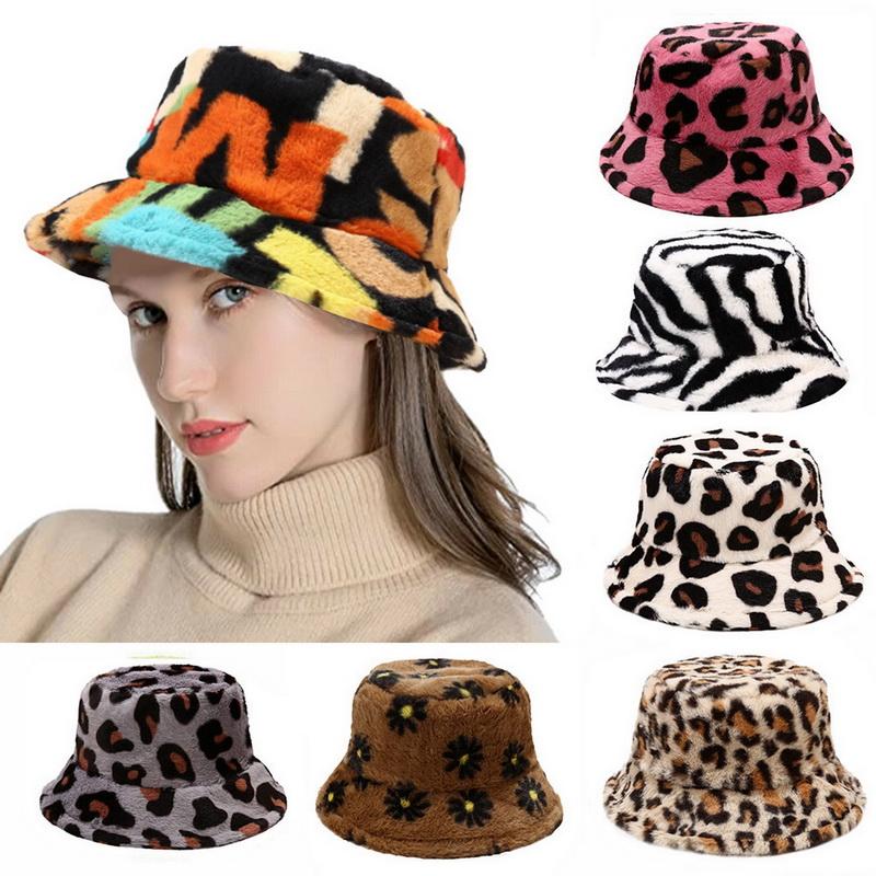 

Winter Cow Leopard Print Faux Fur Plush Bucket Hats For Women Outdoor Warm Hat Soft Velvet Fisherman Cap Lady Fashion Panama