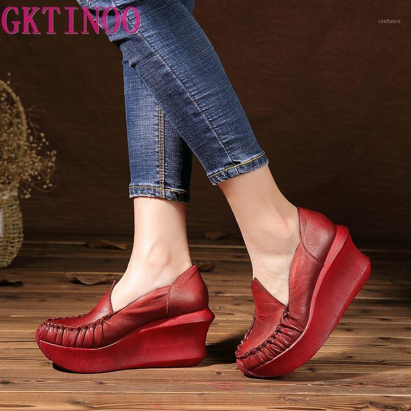 

GKTINOO Genuine Leather Retro Women Pumps Slip On Designer Lady 8 CM High Heels Wedges Pumps Handmade Women Leather Shoes1, Black
