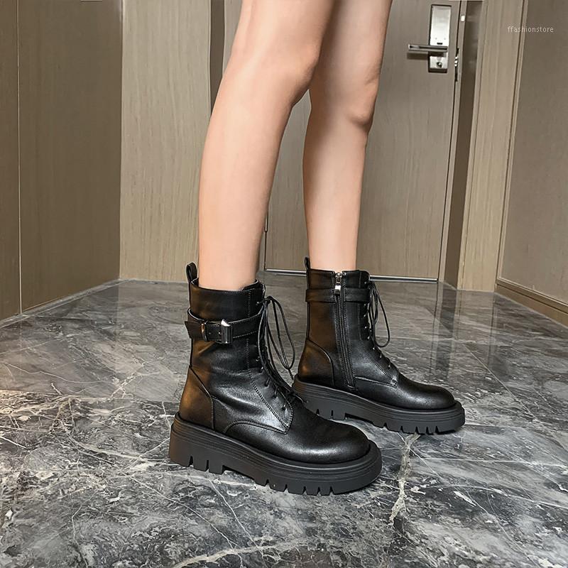 

YMECHIC Winter 2020 Black Lace Up Platform Ankle Biker Combat Boots for Women Buckle Strap Chunky Heels Shoes Booties1, Rong li