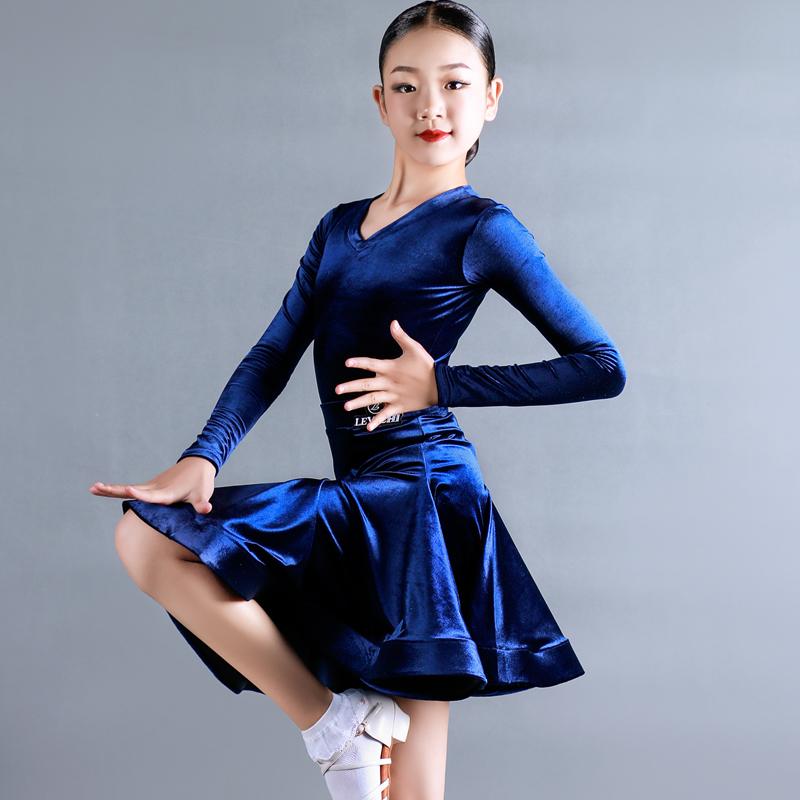 

2020 Latin Dance Competition Clothing Girls Latin Dance Costumes Children Split Long-Sleeved Top Skirt Suit Performance Wear, As picture1
