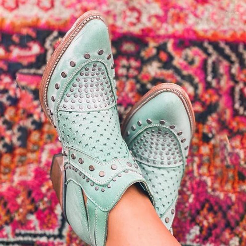 

2020 Women Pu Sandals Plus Size 43 Fretwork Low Chunky Heel Pointy Toe Short Ankle Boot Hollow Out Shoes1, Green