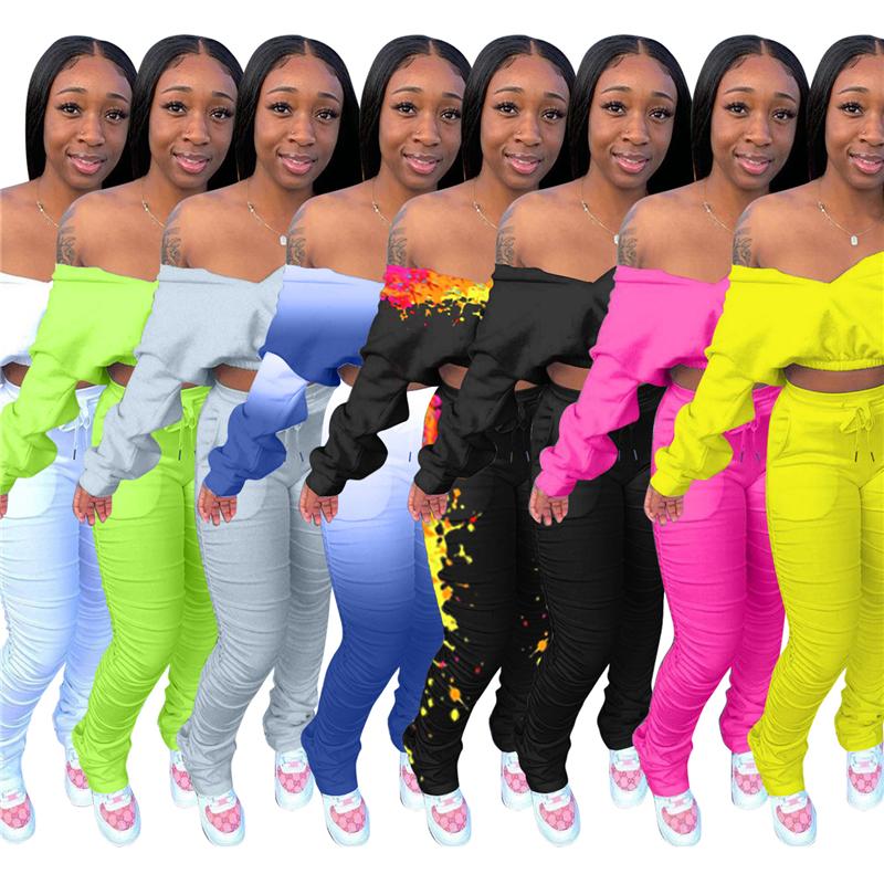 

Women Batwing Sleeve 2Pcs Sets Fashion Trend Long Sleeve V-Neck Short Tops Fold Pant Suits Designer Female Winter New Casual Slim Tracksuits, Gray