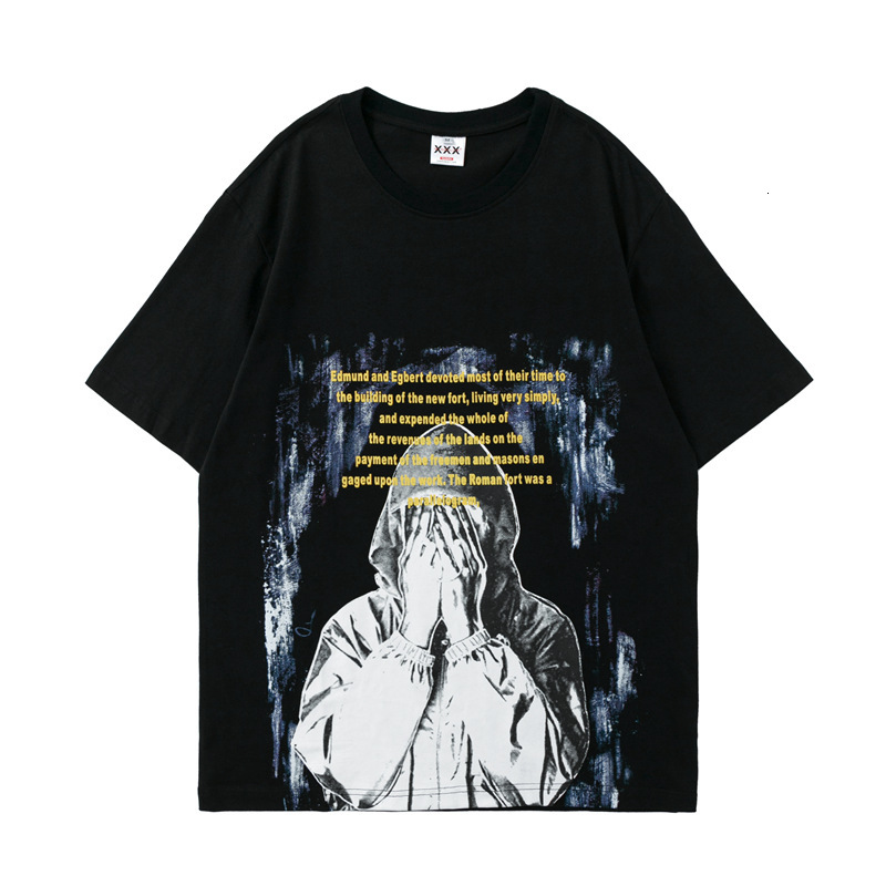 

New High Street Fashion Brand Cover Face Character Print Trend Rap Hip Hop 2021 Spring Summer Tshirt Short Sleeve Tops Tees Cotton Tzrj, Gray