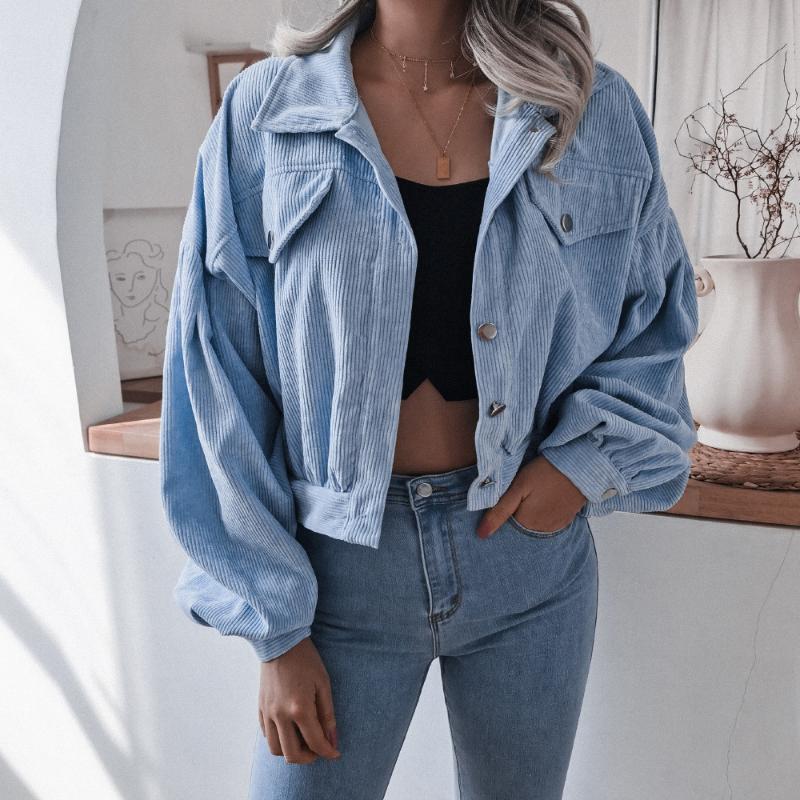 

Vintage Corduroy Jacket Coat Women Solid Buttons Turn Down Collar Short Jacket Single Breasted Lantern Long Sleeve Loose, Blue